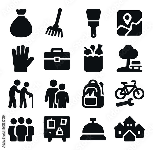 Community services silhouette icon set. includes donation, gardening, recycling, elderly care, and more.