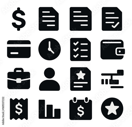 Finance silhouette icon set: dollar, document, credit card, clock, wallet, briefcase, chart, calendar, star