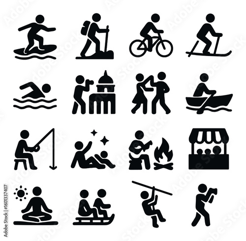 Recreational activities silhouette icon set. surfing, hiking, cycling, skiing, dancing, fishing, camping, more.