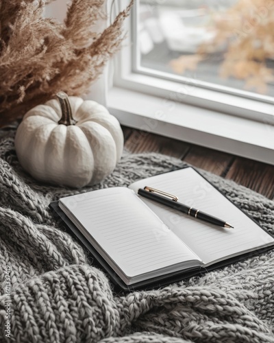 An open notebook beside a pumpkin and a cozy knit blanket by a window showcases a serene fall scene, perfect for journaling or enjoying the beautiful autumn atmosphere from indoors.
