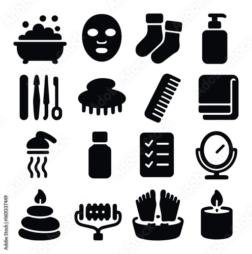 Self-care silhouette icon set. featuring spa, mask, socks, lotion, brush, comb, towel, shower, oil, checklist.