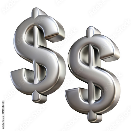 Two 3d silver dollar signs isolated on transparent background