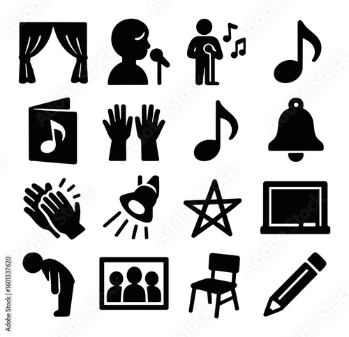Music and performance silhouette icon set. including mic, note, stage, applause, bell, star, laptop, chair.