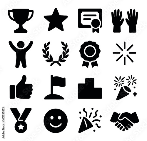 Achievement silhouette icon set. featuring trophy, star, certificate, hands, laurels, ribbon, celebration, and more.