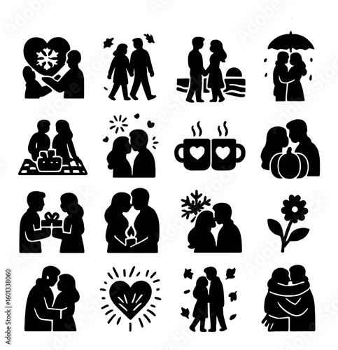 Love and romance silhouette icon set. featuring couple, heart, gift, walk, picnic, flower, and more.