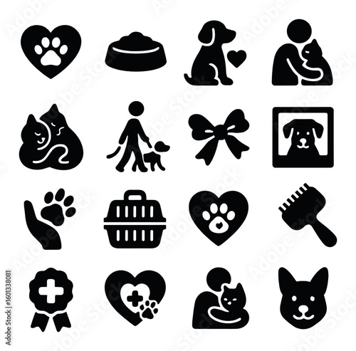 Pet care silhouette icon set: cat, dog, paw, food, grooming, walking, adoption, carrier, award, vet