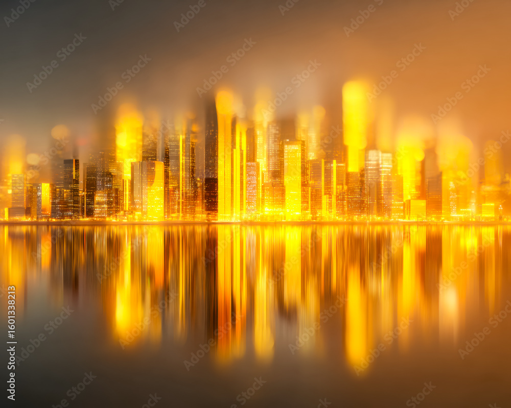 Fototapeta premium Abstract glowing cityscape reflected on water at night