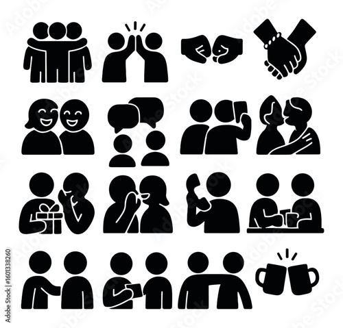 Relationships silhouette icon set: friends, couples, conversations, gifting, celebrations, and more