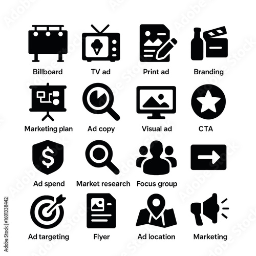 Advertising silhouette icon set: billboard, tv ad, print ad, branding, marketing plan, ad copy, visual ad, and more
