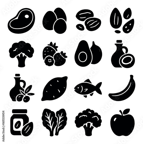Healthy food silhouette icons set: meat, eggs, nuts, broccoli, berries, avocado, olive oil, fish, banana