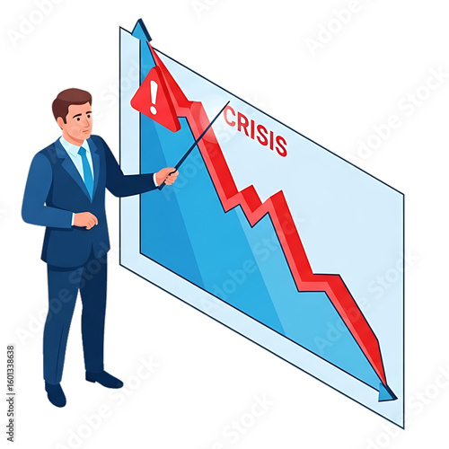 Man showing crisis graph, symbolizing financial downturn and market decline.
