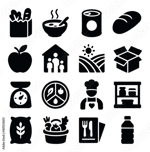 Food and grocery silhouette icon set. includes soup, can, bread, apple, house, box, scale, chef, and more.