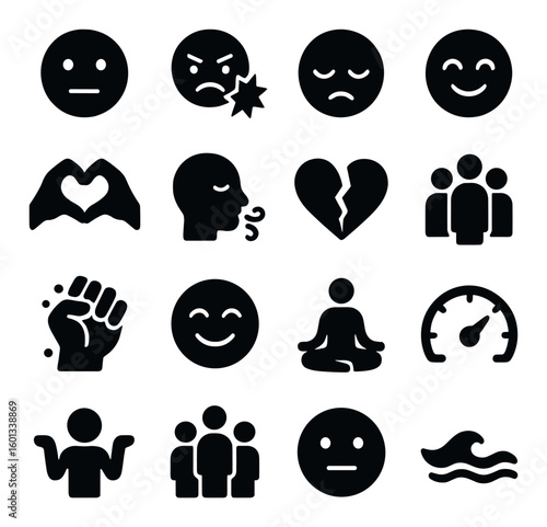 Emotion silhouette icon set. containing happy, sad, angry, love, community, meditation, speed, strength, wave.