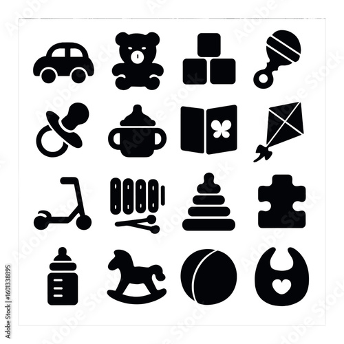 Baby toys silhouette icon set. including cars, teddy, blocks, rattle, pacifier, sippy cup, book, kite, and more.