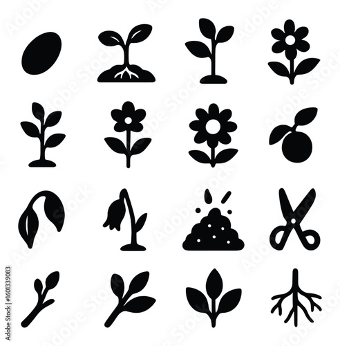 Gardening silhouette icons set. containing seed, sprout, flower, plant, leaf, compost, scissors, roots and more.