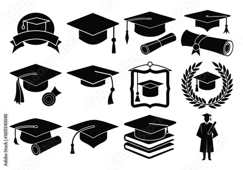 Collection of graduation caps and scrolls silhouette isolated on white background