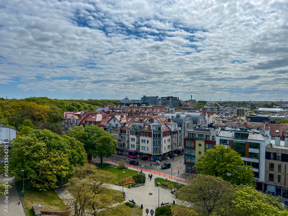Fototapeta premium The city of Kolobrzeg on the Baltic Sea in Poland, viewed from above from the old lighthouse