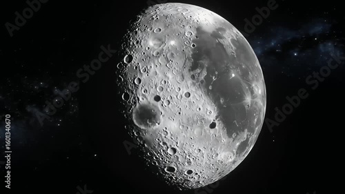 Detailed view of the lunar surface with craters against a dark, starry cosmos