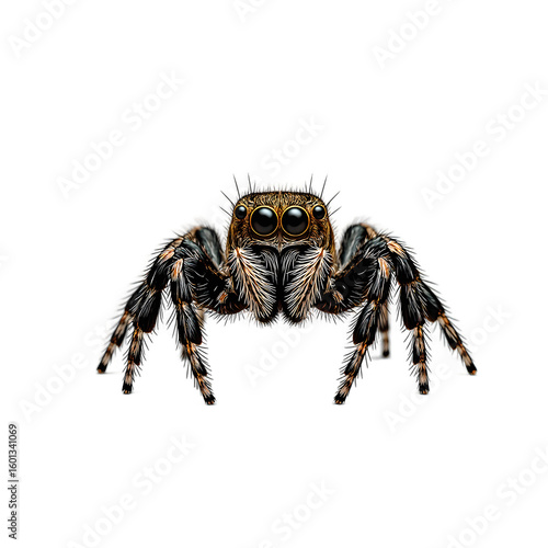 Close up of a small jumping spider with big front eyes focused and alone on a white background