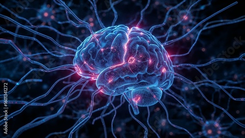A detailed illustration of a human brain with neural connections in a vibrant blue and pink hue