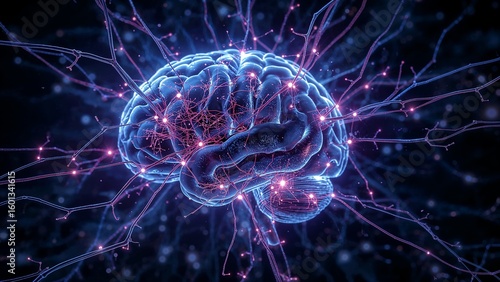 Illuminated brain with neural connections and glowing nodes against a dark blue background