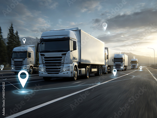 Fleet of modern semi trucks on highway with digital location pins for logistics