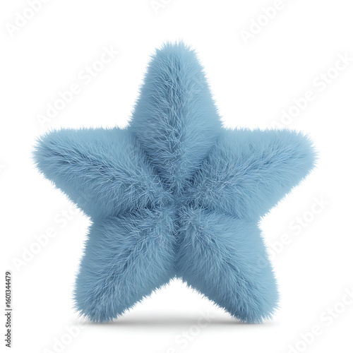 A fluffy light blue star shaped object with a soft texture isolated on a white background in a studio shot created with generated ai