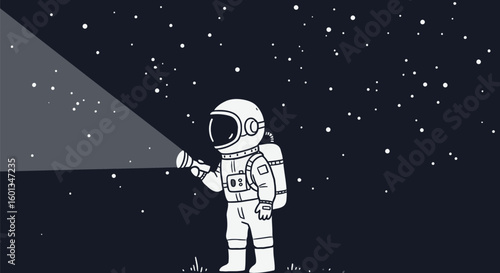 Astronaut Exploring Space with Flashlight