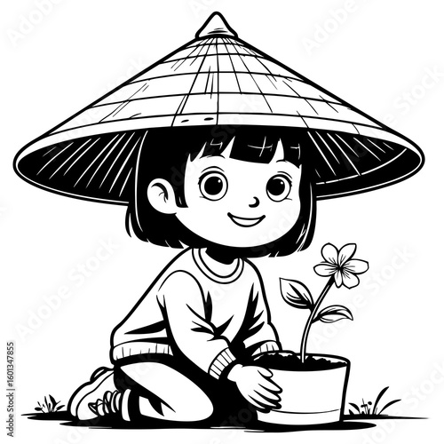 Cute Girl in Conical Hat Planting a Flower in a Pot with a Big Smile