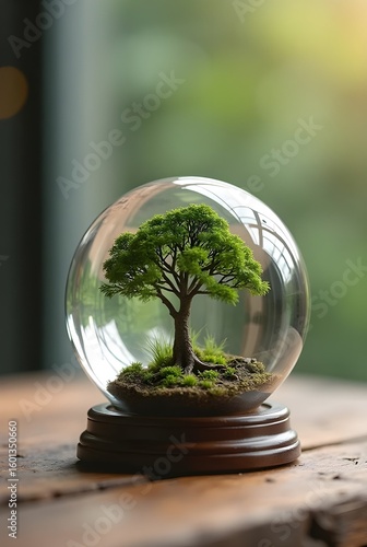 A glowing crystal sphere containing a tiny bonsai tree.