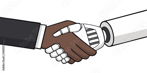 Mensch und Roboter geben sich die Hand – Symbol für KI, Robotik, Digitalisierung, Arbeitsplatz der Zukunft, Effizienzsteigerung, Automatisierung und inklusiven digitalen Wandel.
