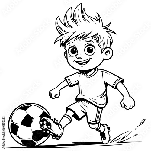 Energetic Young Boy Kicking Soccer Ball with Big Smile Outdoors