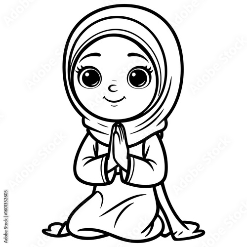 Adorable cartoon girl in hijab praying peacefully on knees