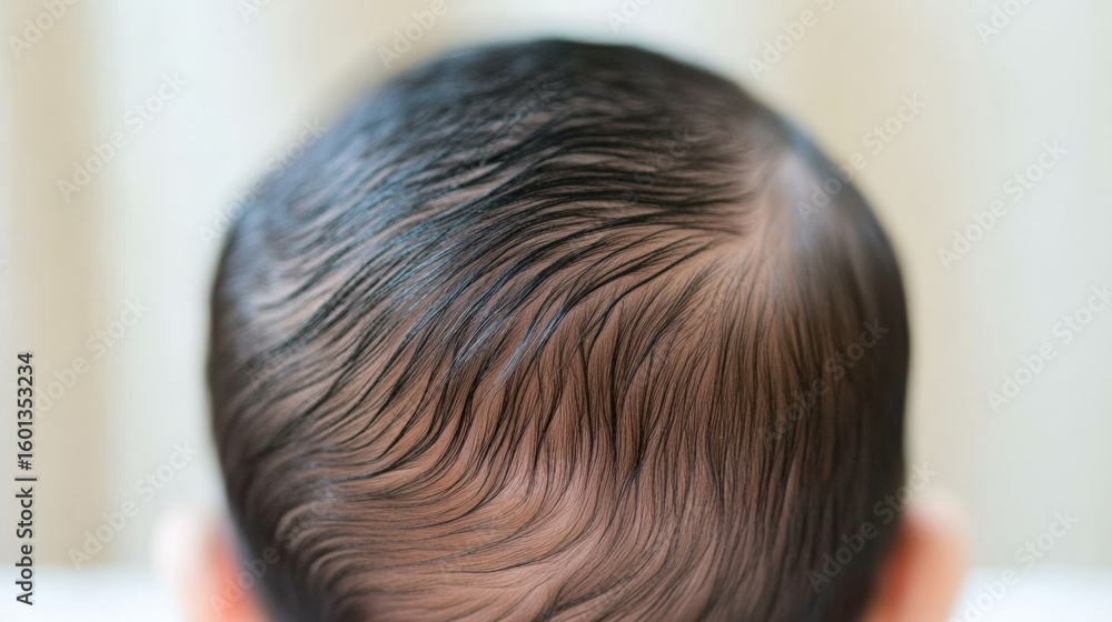 Fototapeta premium A baby's head with a bald spot on the top.