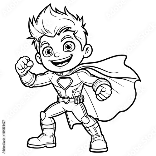 Dynamic Cartoon Superhero Boy with Cape and Shield Emblem Flying Heroically