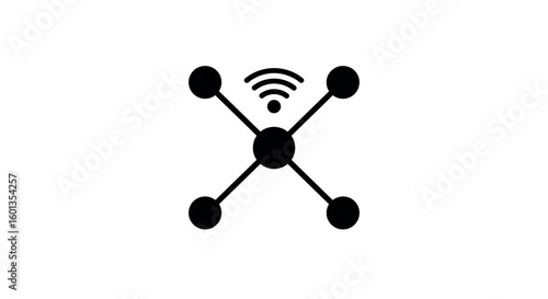 Simple black network icon with wifi symbol connecting nodes in minimalistic design