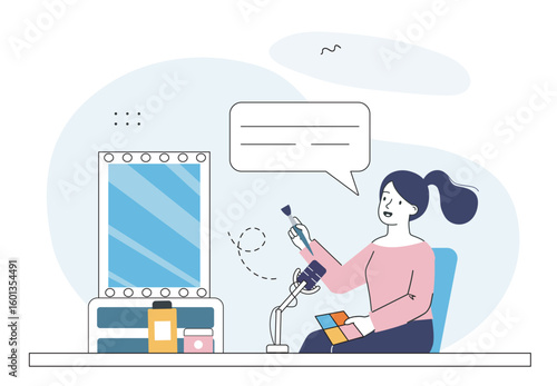 Woman recording makeup tutorial video. Vector illustration