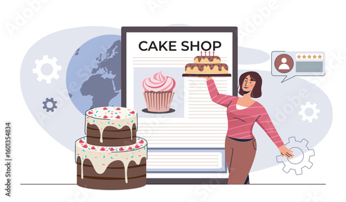 Cake shop marketing with baker woman. Vector illustration