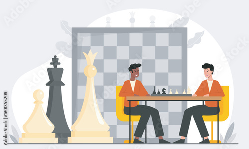 Two men playing chess game indoors. Vector illustration
