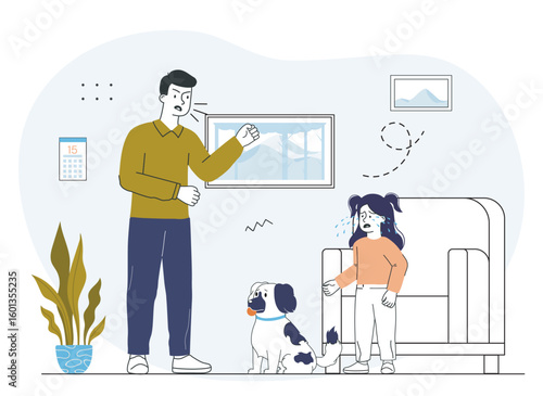 Angry father yelling at crying daughter. Vector illustration