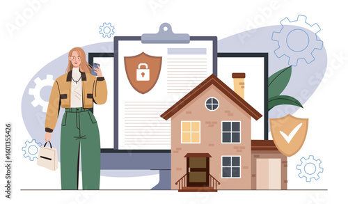 Woman with house and insurance document. Vector illustration
