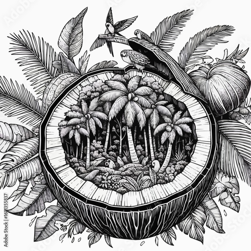 Detailed coloring page of a coconut shell revealing a tropical landscape for art and creativity concept