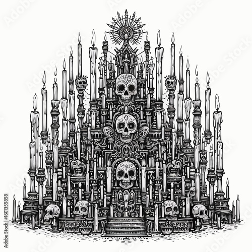 Vector illustration of an altar with skulls and candles for Day of the Dead celebration concept