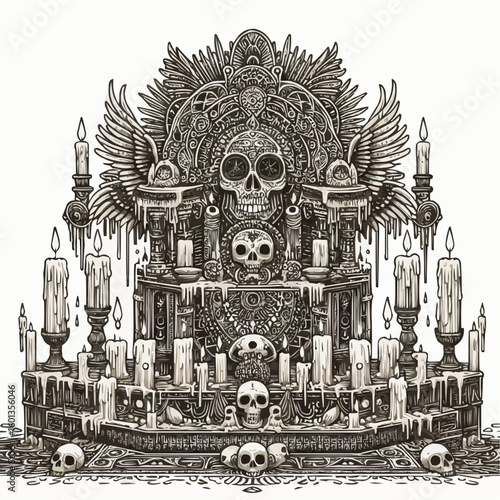 Vector illustration of a decorated altar with candles and skulls for Day of the Dead concept