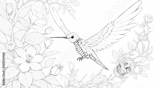 Elegant hummingbird with skeletal details flying among flowers and skull in delicate line art for coloring book
