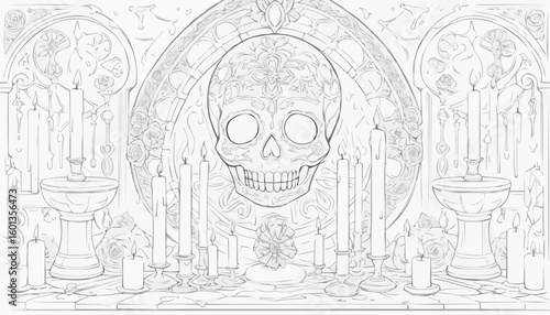 Ornate altar with skull and candles surrounded by floral decorations in detailed line art for Day of the Dead coloring book