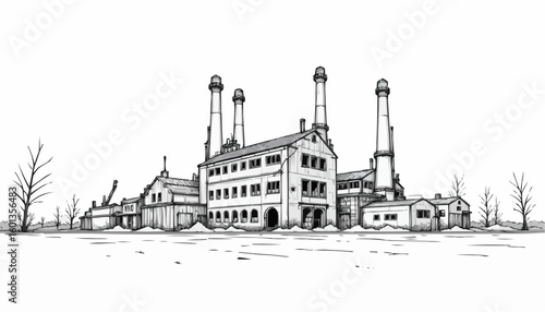 Detailed illustration of an abandoned industrial factory with smokestacks in black and white vector art