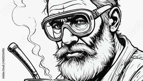 Elderly metallurgist holding a crucible with molten steel in detailed line art
