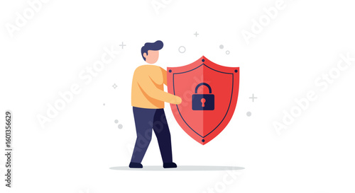 Person holding security shield with lock icon in modern flat style