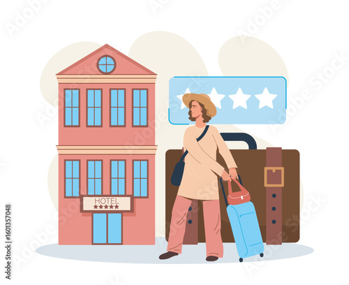 Woman arriving at five-star hotel scene. Vector illustration
